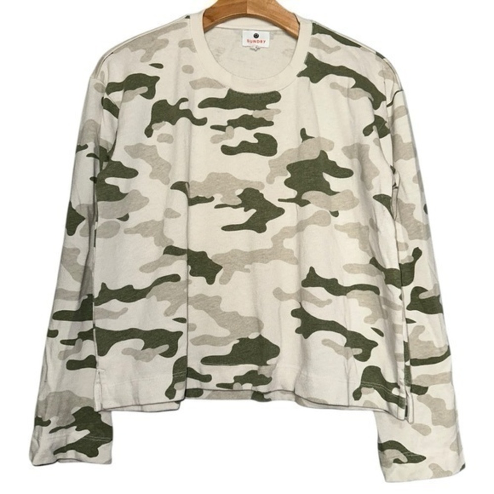 Sundry Women’s Size 0 XS Beige Cream Green Tan Camo Boxy Long Sleeve Sweatshirt